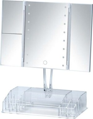 Bílé rozkládací kosmetické zrcadlo s LED podsvícením a organizérem na make-up Fanano. Cvičení