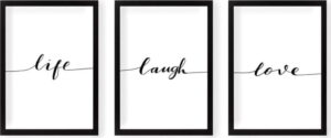 Sada plakátů v rámu 3 ks 24x29 cm Life Laugh Love – Vavien Artwork. Cvičení