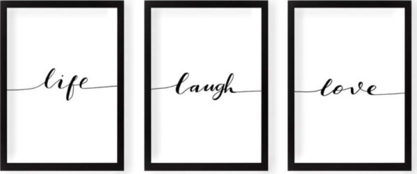 Sada plakátů v rámu 3 ks 24x29 cm Life Laugh Love – Vavien Artwork. Cvičení