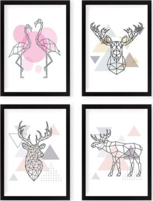 Sada plakátů v rámu 4 ks 24x29 cm Geometric Animals – Wallity. Cvičení